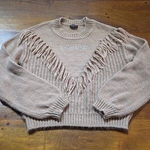 Bebe Tan Fringe Rhinestone Logo Sweater Size Medium